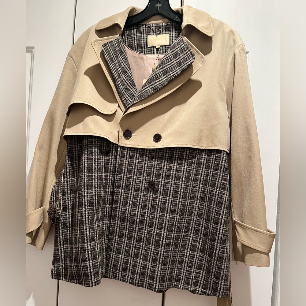 🆕 Ports | Mixed Material Trench Coat Size 4 Double Breasted Plaid NWT